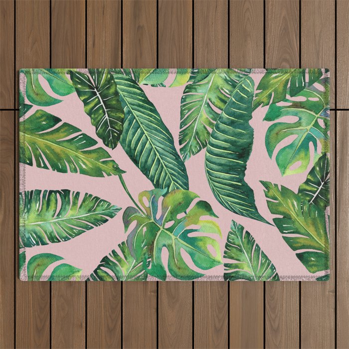 Jungle Leaves, Banana, Monstera Pink #society6 Outdoor Rug Gallery Image 1