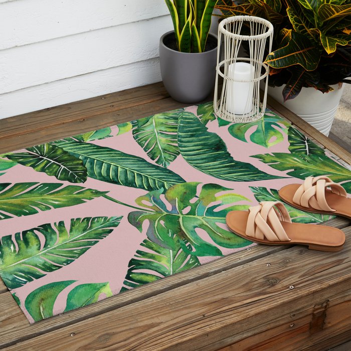 Jungle Leaves, Banana, Monstera Pink #society6 Outdoor Rug Gallery Image 2