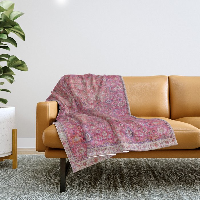 N45 - Pink Vintage Traditional Moroccan Boho & Farmhouse Style Artwork. Throw Blanket Gallery Image 1