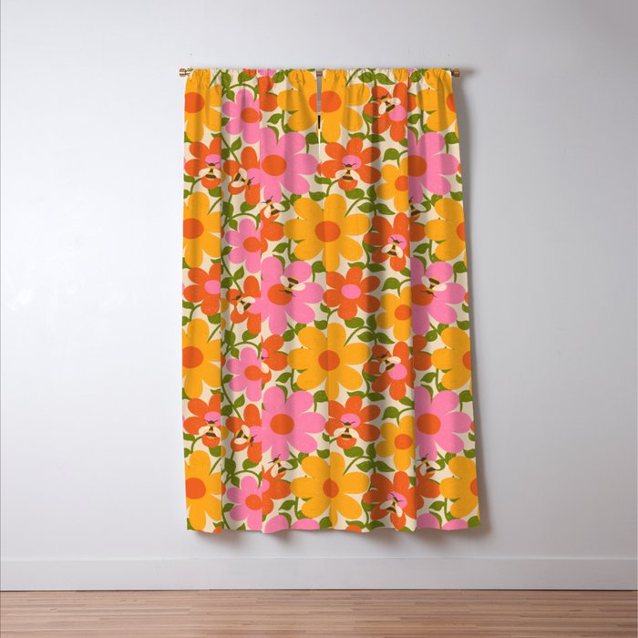 Bright Flowers and Bees Yellow Pink Orange Green Floral Window Curtain Gallery Image 3