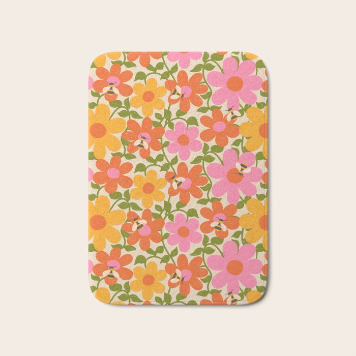 Bright Flowers and Bees Yellow Pink Orange Green Floral Bath Mat Gallery Image 1