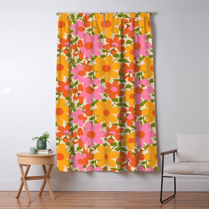Bright Flowers and Bees Yellow Pink Orange Green Floral Window Curtain Gallery Image 1