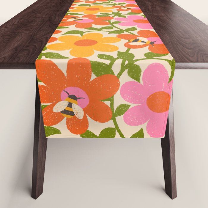 Bright Flowers and Bees Yellow Pink Orange Green Floral Table Runner Gallery Image 1