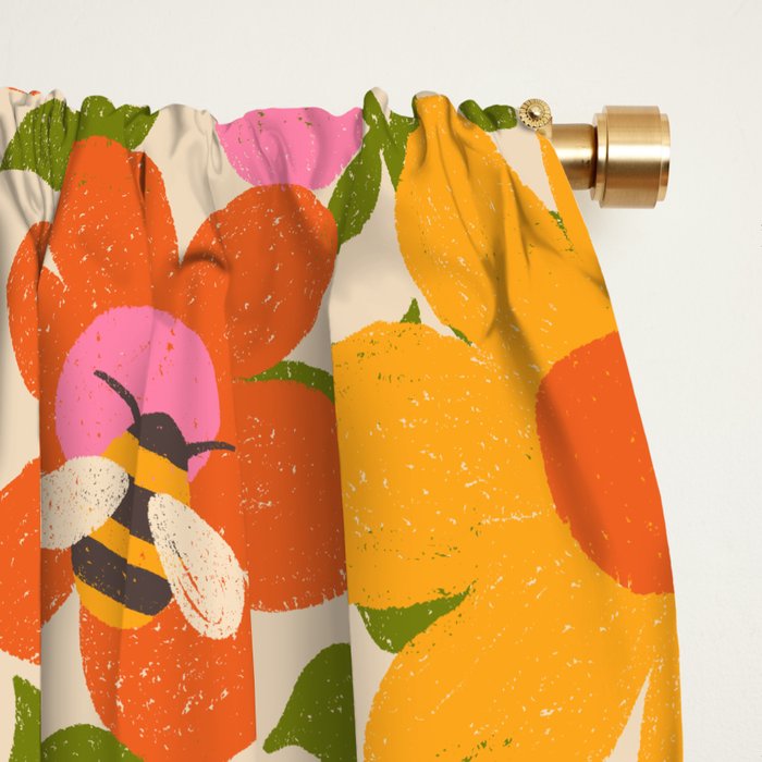 Bright Flowers and Bees Yellow Pink Orange Green Floral Window Curtain Gallery Image 2