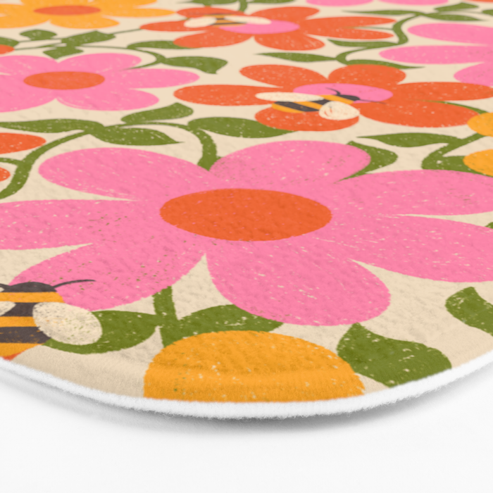 Bright Flowers and Bees Yellow Pink Orange Green Floral Bath Mat Gallery Image 3