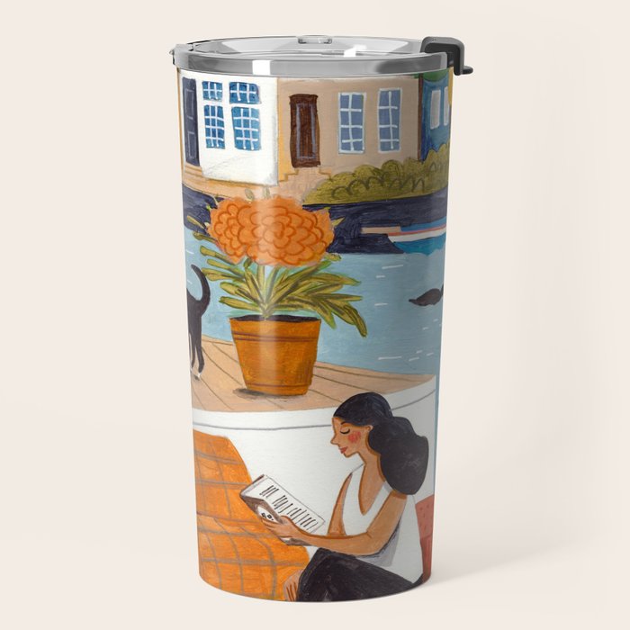 Woman on houseboat in Amsterdam Travel Mug Gallery Image 2