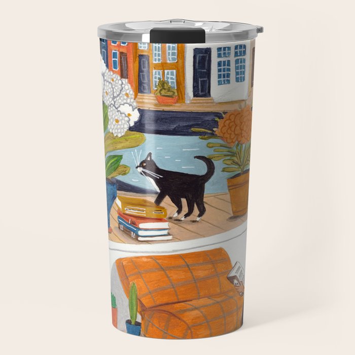 Woman on houseboat in Amsterdam Travel Mug Gallery Image 1