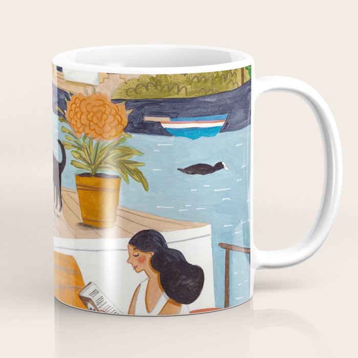 Woman on houseboat in Amsterdam Coffee Mug Gallery Image 1