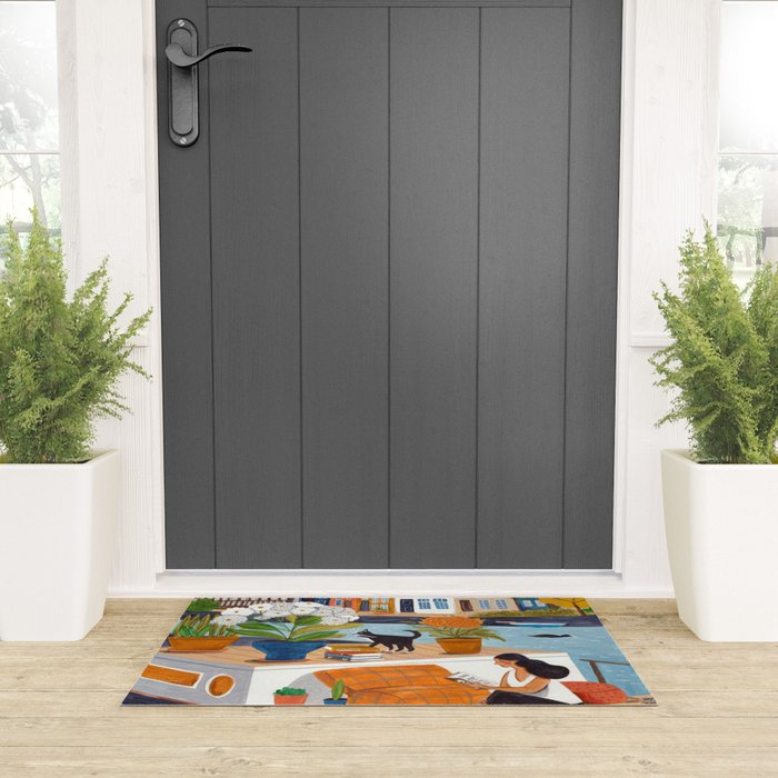 Woman on houseboat in Amsterdam Welcome Mat Gallery Image 3