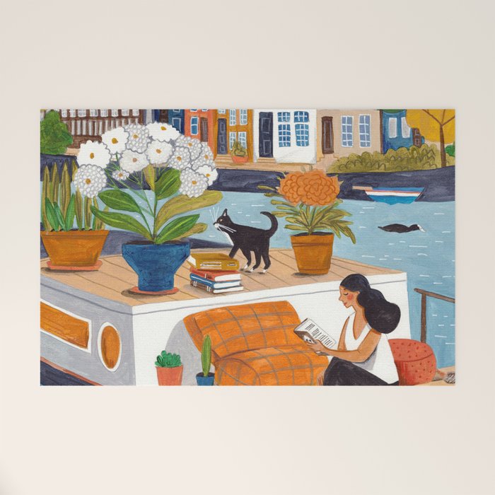 Woman on houseboat in Amsterdam Welcome Mat Gallery Image 1