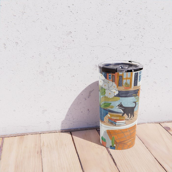 Woman on houseboat in Amsterdam Travel Mug Gallery Image 4