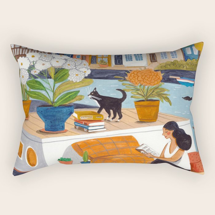 Woman on houseboat in Amsterdam Rectangular Pillow Gallery Image 1