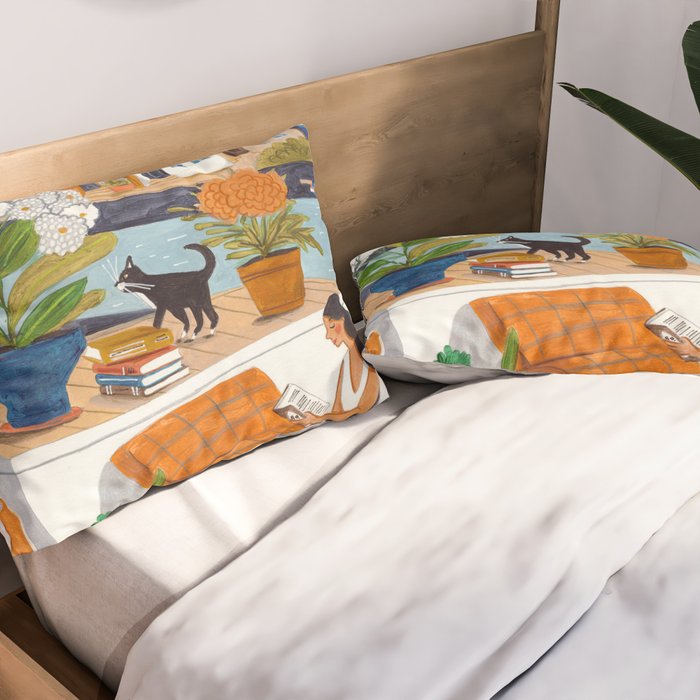 Woman on houseboat in Amsterdam Pillow Sham Gallery Image 2