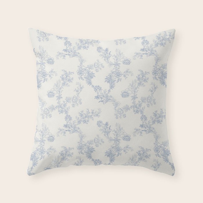 Vintage Toile Floral - Blue and White Throw Pillow Gallery Image 6