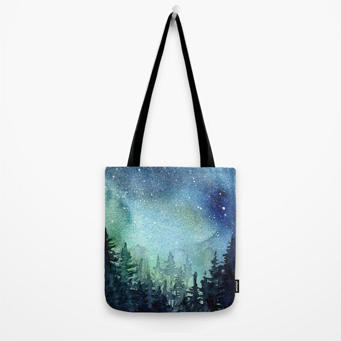 Galaxy Watercolor Aurora Borealis Painting Tote Bag Gallery Image 2