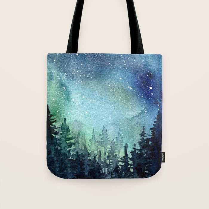 Galaxy Watercolor Aurora Borealis Painting Tote Bag Gallery Image 1