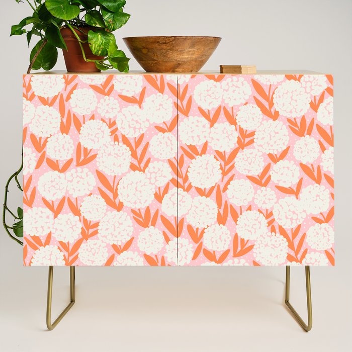 Blooming Abstract Cream and Orange Allium Flowers on Pastel Pink Credenza Gallery Image 1