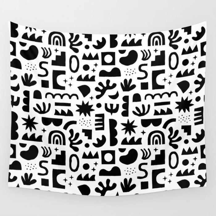 Black and white abstract organic shape pattern Wall Tapestry Gallery Image 1