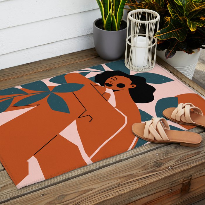 Pink Bikini - Dark Green Flowers Outdoor Rug Gallery Image 2