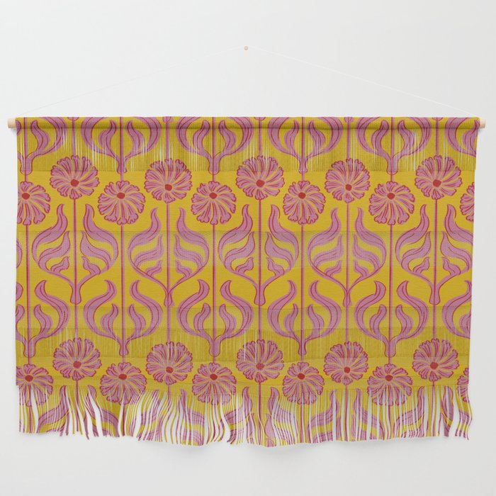 Art Deco Chic: Pink Flowers on Mustard Yellow Wall Hanging Gallery Image 1