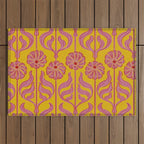 Art Deco Chic: Pink Flowers on Mustard Yellow Outdoor Rug Gallery Image 1