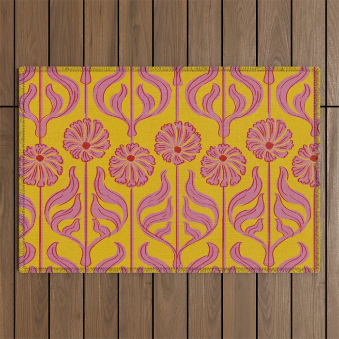 Art Deco Chic: Pink Flowers on Mustard Yellow Outdoor Rug Gallery Image 1
