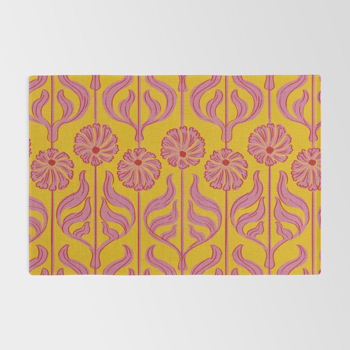 Art Deco Chic: Pink Flowers on Mustard Yellow Rug Gallery Image 2