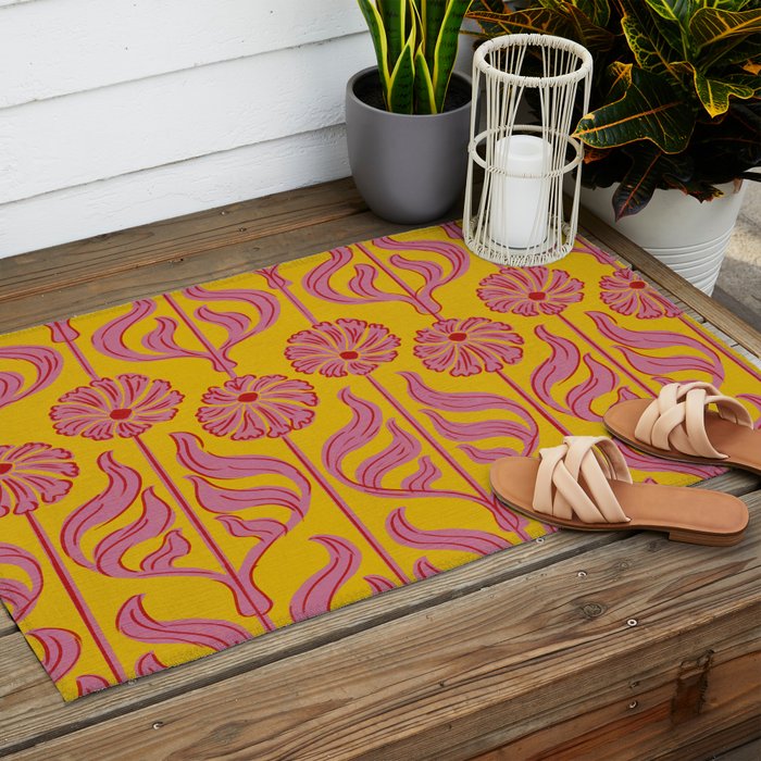 Art Deco Chic: Pink Flowers on Mustard Yellow Outdoor Rug Gallery Image 2