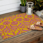 Art Deco Chic: Pink Flowers on Mustard Yellow Outdoor Rug Gallery Image 2