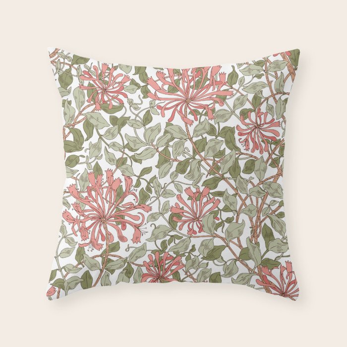 William Morris Vintage Honeysuckle Coral Pink Green Art Throw Pillow Gallery Image 6