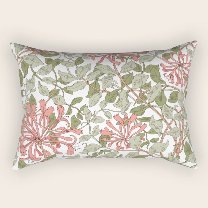 William Morris Vintage Honeysuckle Coral Pink Green Art Rectangular Pillow Gallery Image 2