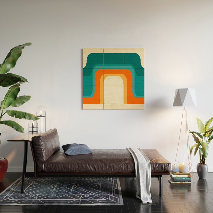 Mid-Century Modern Rainbow Teal Yellow Orange Wood Wall Art Gallery Image 2