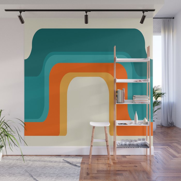 Mid-Century Modern Rainbow Teal Yellow Orange Wall Mural