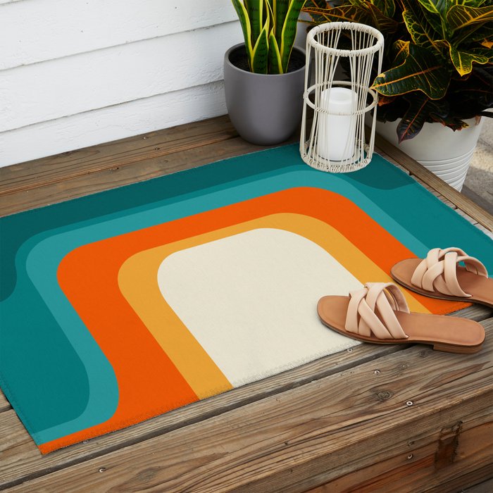 Mid-Century Modern Rainbow Teal Yellow Orange Outdoor Rug Gallery Image 2