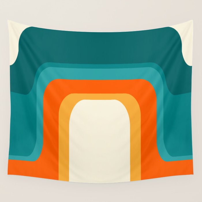 Mid-Century Modern Rainbow Teal Yellow Orange Wall Tapestry Gallery Image 4