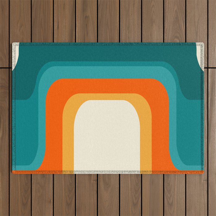 Mid-Century Modern Rainbow Teal Yellow Orange Outdoor Rug Gallery Image 1
