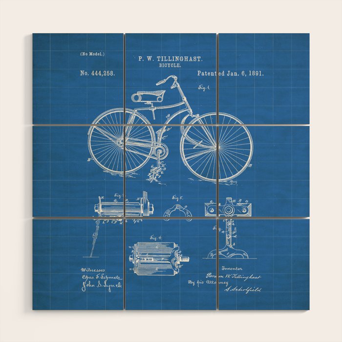 Bicycle Patent - Cyclling Art - Blueprint Wood Wall Art Gallery Image 1