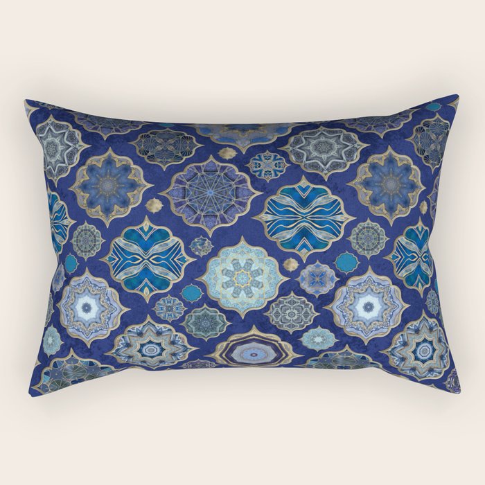 Blue Turquoise Gold Moroccan Tiles Boho Vintage Elegance Quatrefoil Shapes Rectangular Pillow Gallery Image 1