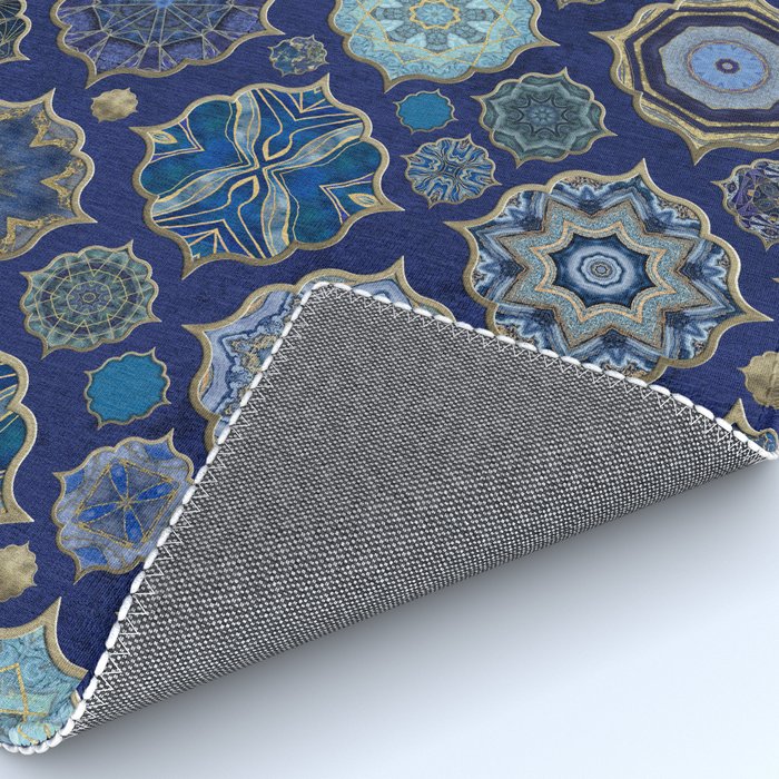 Blue Turquoise Gold Moroccan Tiles Boho Vintage Elegance Quatrefoil Shapes Rug Gallery Image 4
