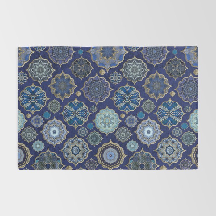 Blue Turquoise Gold Moroccan Tiles Boho Vintage Elegance Quatrefoil Shapes Rug Gallery Image 2