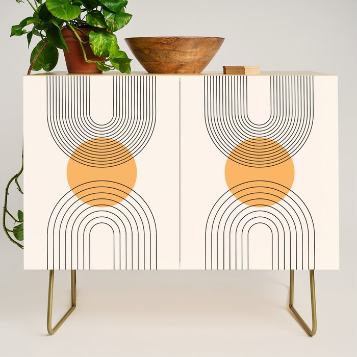 Geometric Lines in Black and Beige 29 (Rainbow and Sun Abstraction) Credenza Gallery Image 1