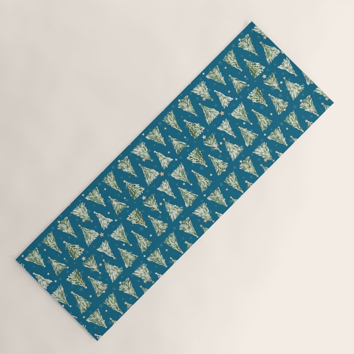 Holiday christmas tree over blue peacock pattern Yoga Mat Gallery Image 1