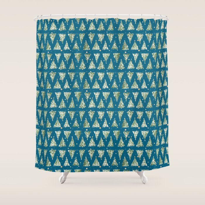 Holiday christmas tree over blue peacock pattern Shower Curtain Gallery Image 1