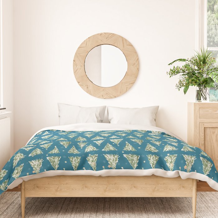 Holiday christmas tree over blue peacock pattern Duvet Cover Gallery Image 3