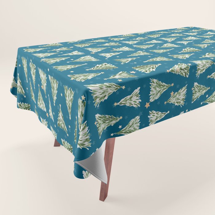 Holiday christmas tree over blue peacock pattern Tablecloth Gallery Image 1
