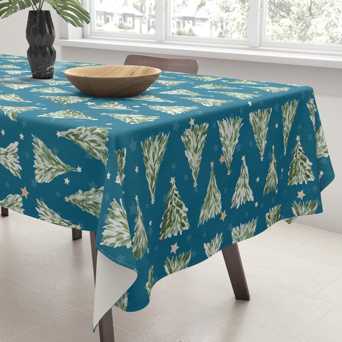 Holiday christmas tree over blue peacock pattern Tablecloth Gallery Image 3