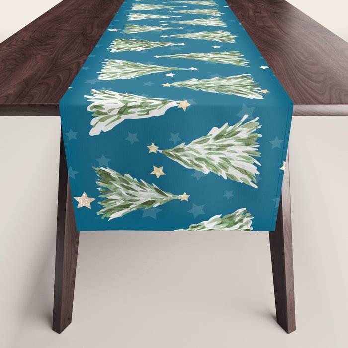 Holiday christmas tree over blue peacock pattern Table Runner Gallery Image 1
