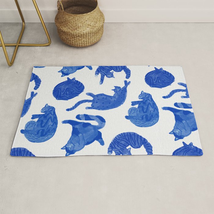 Sleepy Cozy Kitty Cats in Royal Blue & White Rug Gallery Image 1