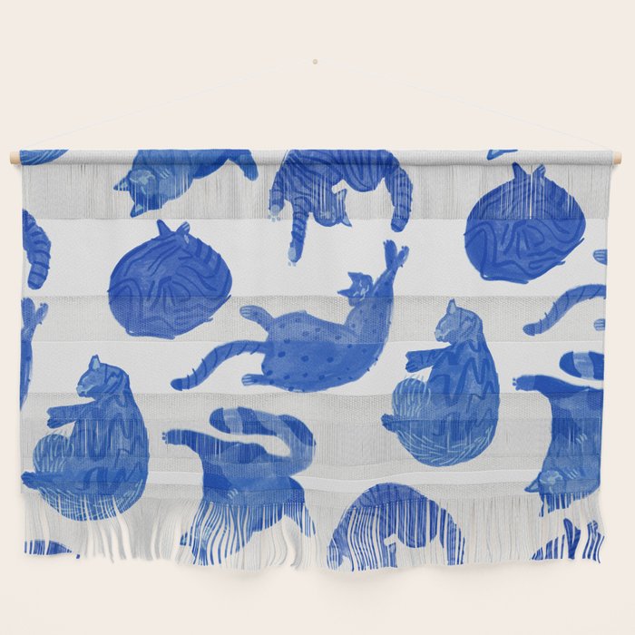 Sleepy Cozy Kitty Cats in Royal Blue & White Wall Hanging Gallery Image 1