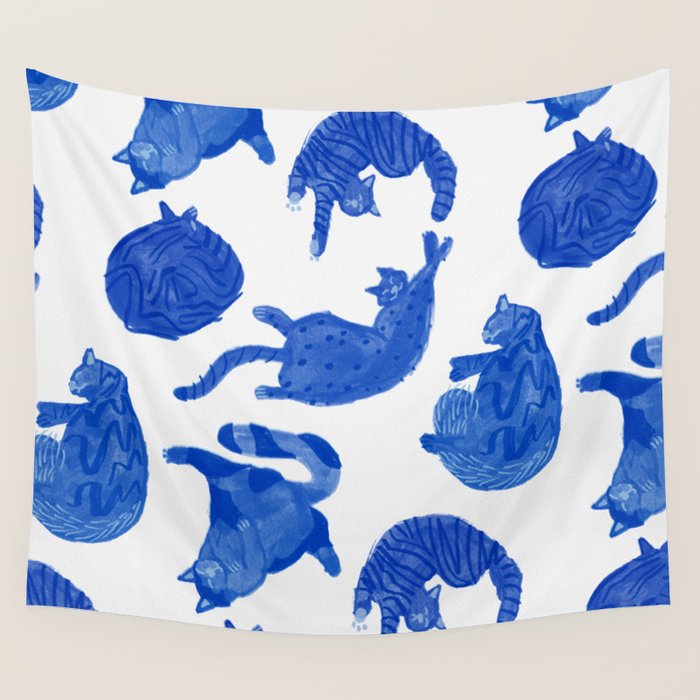 Sleepy Cozy Kitty Cats in Royal Blue & White Wall Tapestry Gallery Image 4